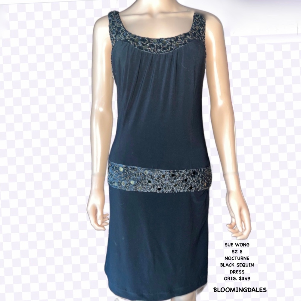 SUE WONG SZ 8 NOCTURNE BLACK BEADED DROP WAIST DRESS